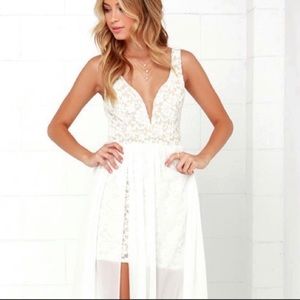 Lulu’s lace dress with sheer overlay